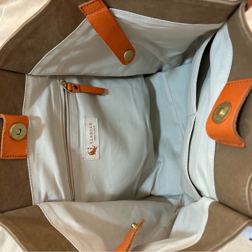 Kissora Eterno Canvas & Leather Tote Bag – Made in Japan – Brown / Orange - Picture 4 of 6